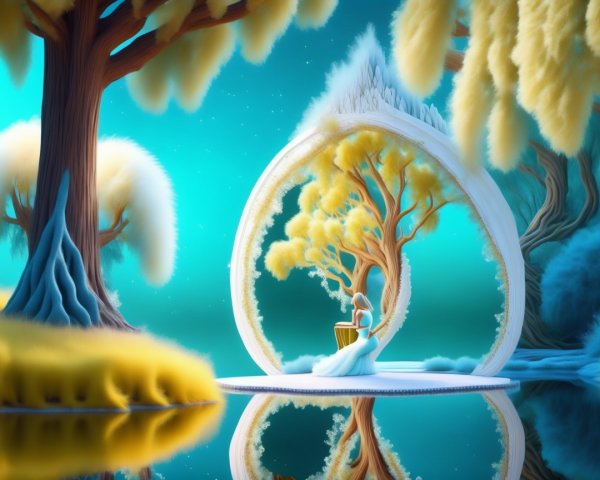 Serene Figure Playing Harp in Surreal Landscape