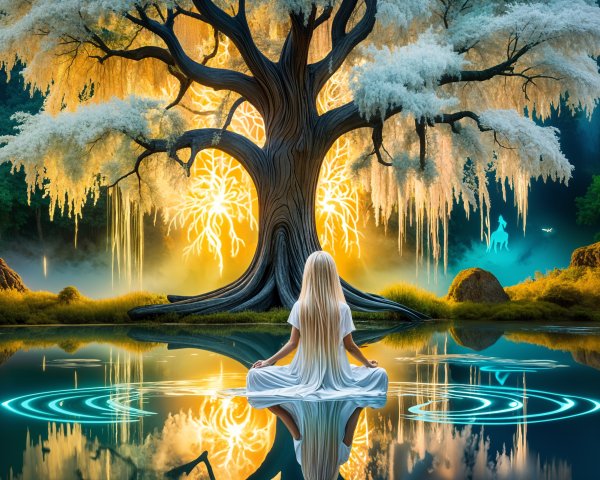 Mystical Tree and Serene Meditation by a Calm Lake