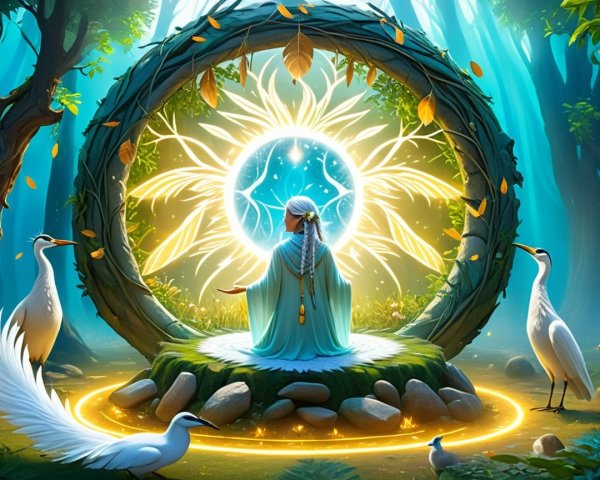 Mystical Figure in Glowing Portal in Serene Forest