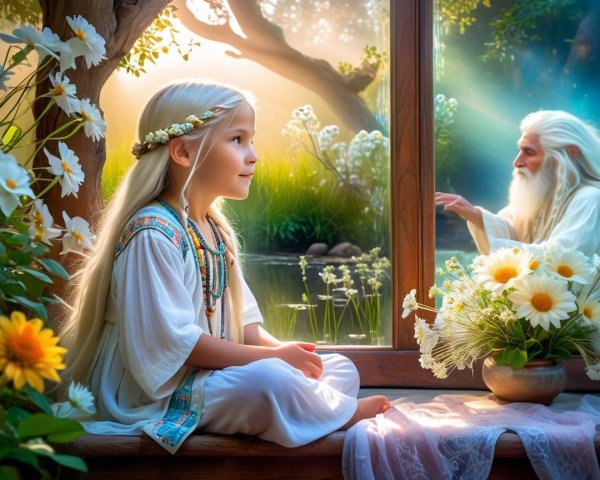 Young girl by window with elderly figure reflection
