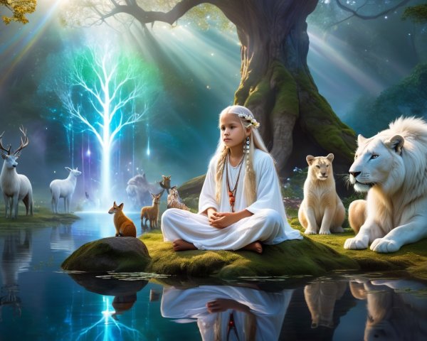 Young girl in white by shimmering pond in forest