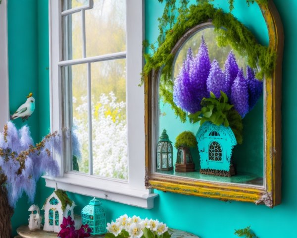 Turquoise Wall with Mirror and Garden Scene Elements
