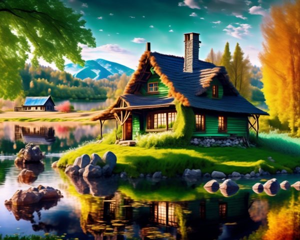 Rustic cottage by serene lake with autumn trees