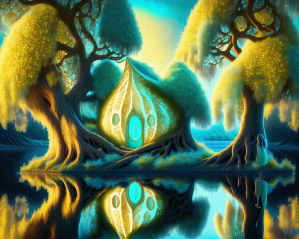 Whimsical Treehouse by Tranquil Waters and Trees