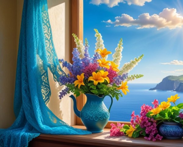 Colorful Flower Bouquet in Decorative Pitcher with Ocean View