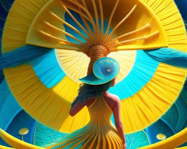 Surreal Scene of Figure in Yellow Dress with Patterns