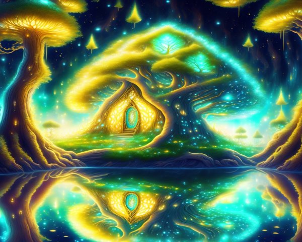 Magical Landscape with Glowing Trees and Enchanting House
