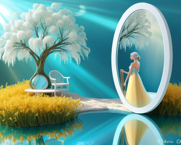 Luminous Landscape with Blossoming Tree and Mirror