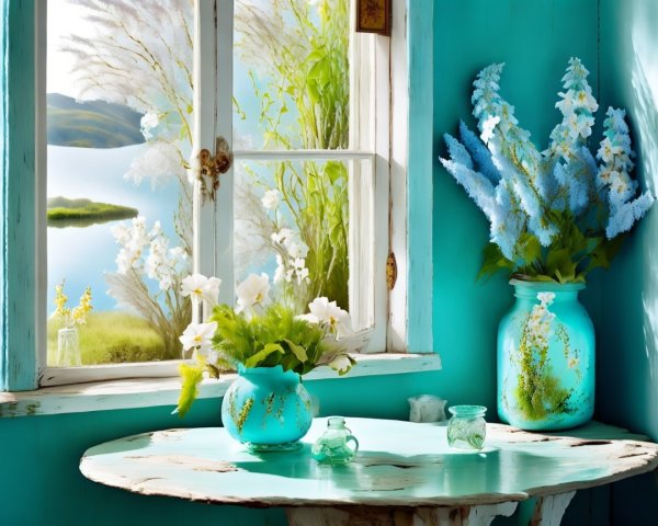 Bright Room with Turquoise Window and Lake View