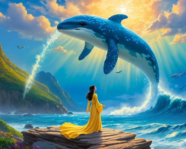 Woman in Yellow Gown on Rocky Shore with Whale