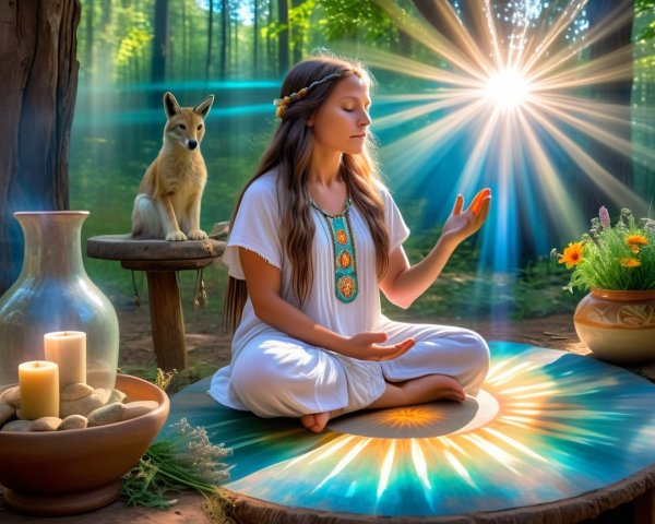Young girl meditating in a forest glade with fox