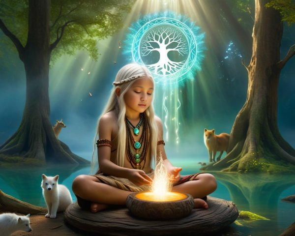 Young girl tending fire in a mystical forest setting