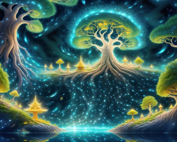 Surreal Landscape with Luminous Trees and Pagodas