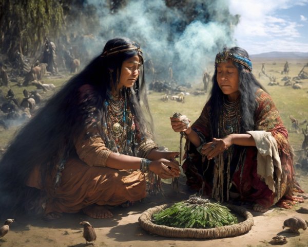 Women in Traditional Clothing Engaged in Ritual with Herbs