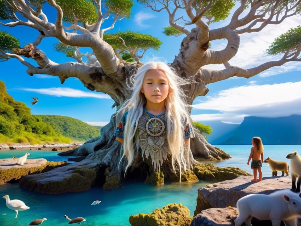 Majestic Tree by Turquoise Lagoon with Children and Animals