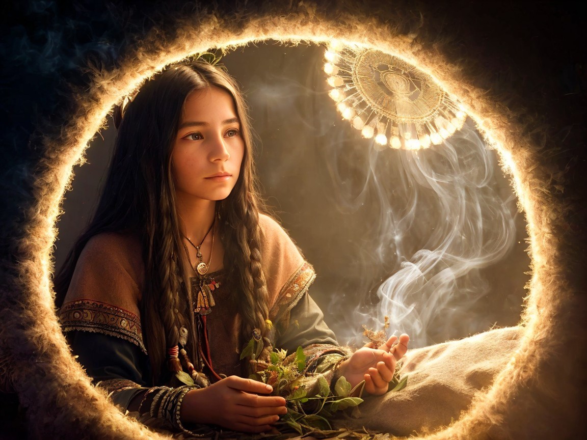 Young girl in traditional attire surrounded by nature
