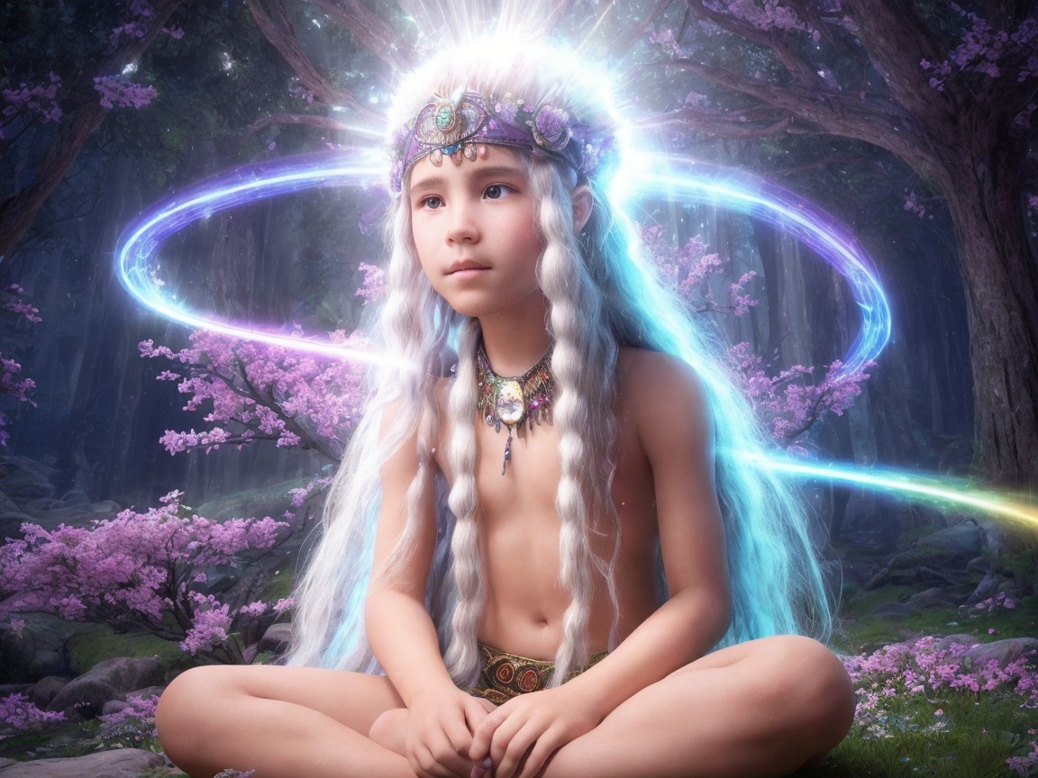 Child in a mystical forest with glowing hair and crown