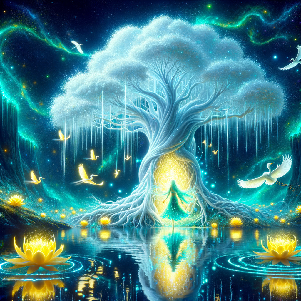 Glowing Tree and Tranquil Lake at Night Scene