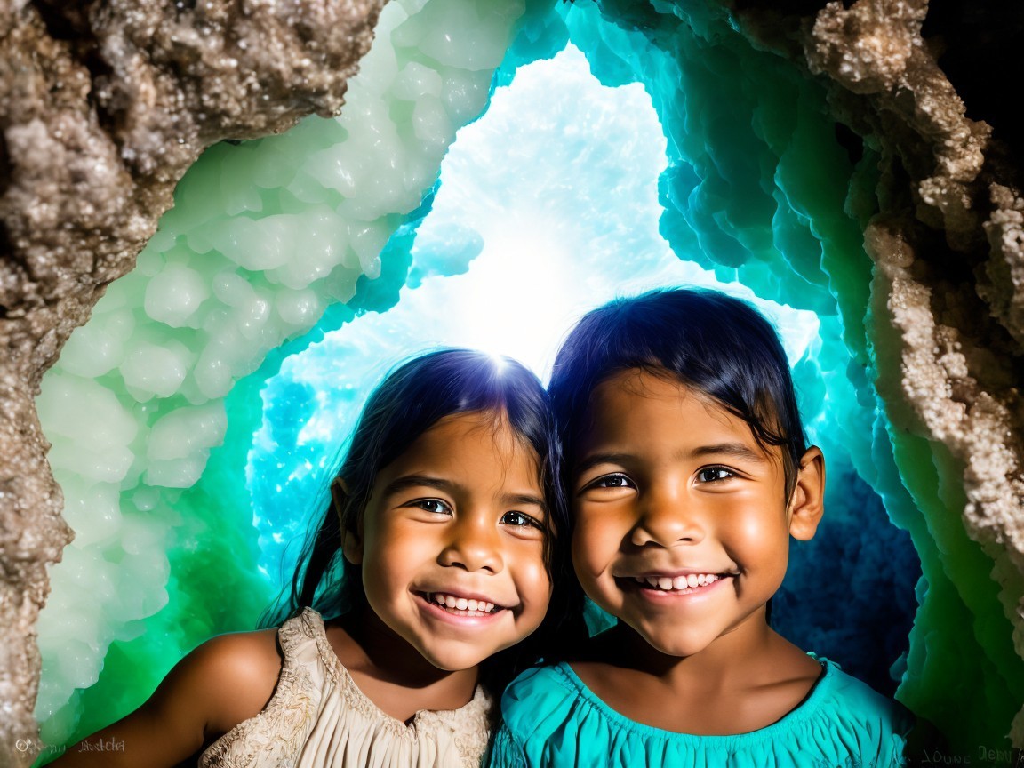 Young Girls in a Shimmering Cave with Crystalline Formations