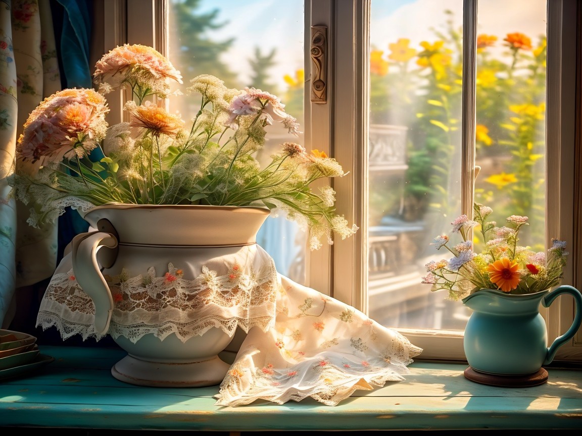 Sunlit Window with Vibrant Floral Arrangements