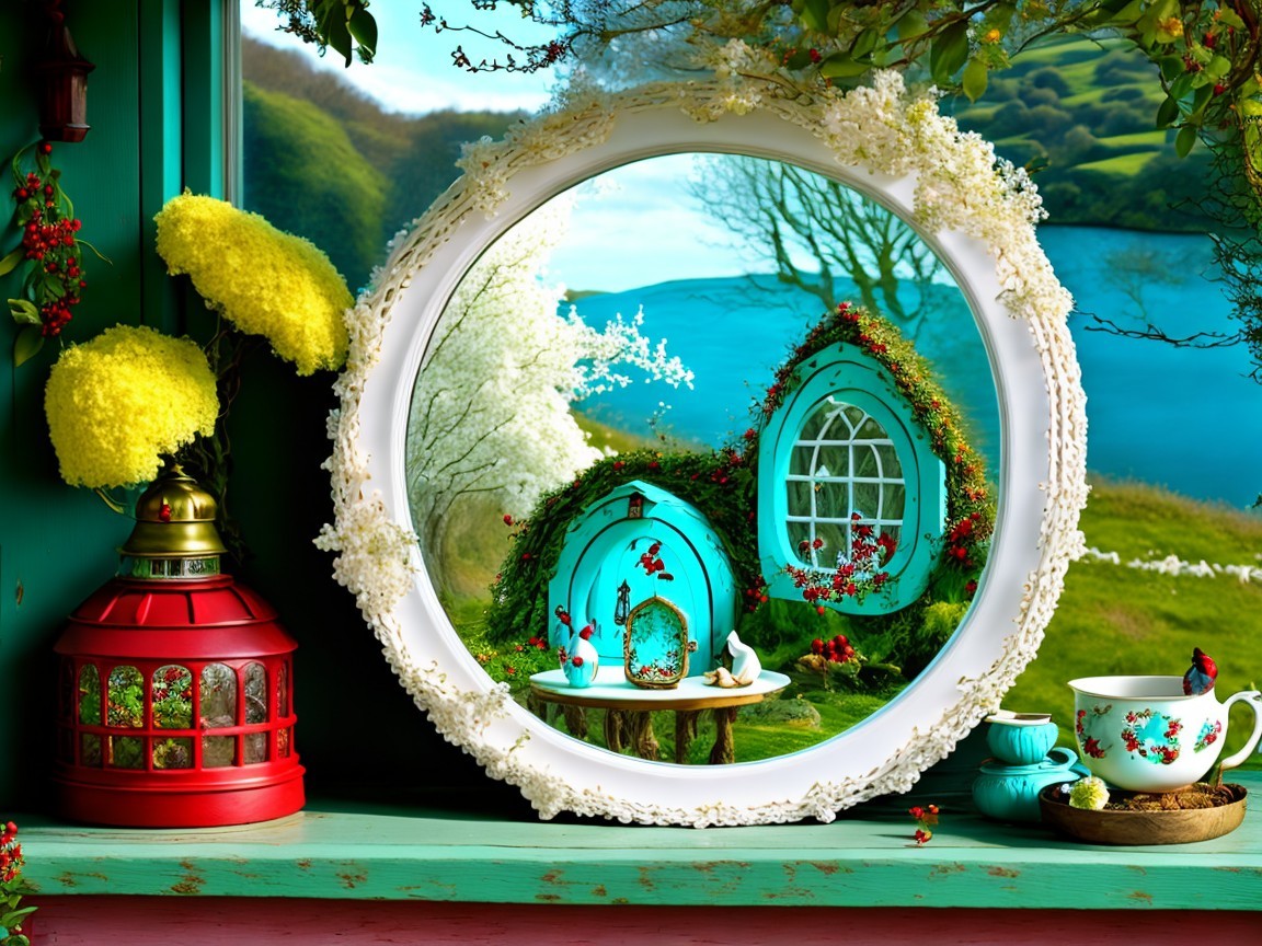 Whimsical Scene Reflected in Ornate Circular Mirror