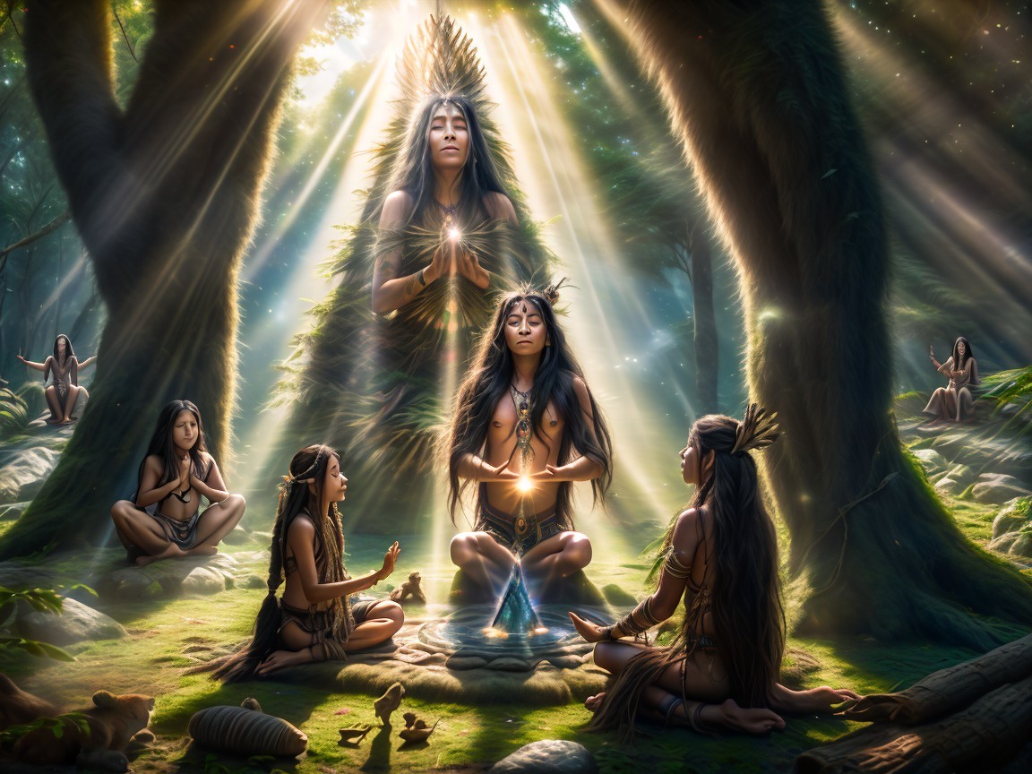 Women in a Circle Around a Glowing Blue Core in Forest
