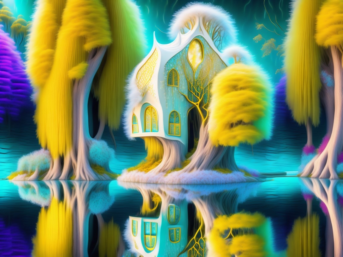 Whimsical House Surrounded by Oversized Trees and Water