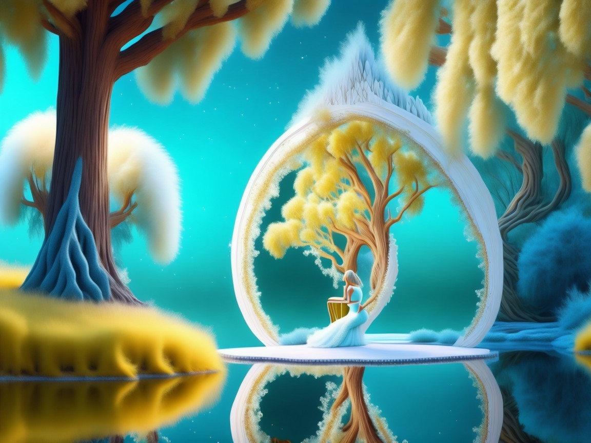 Serene Figure Playing Harp in Surreal Landscape