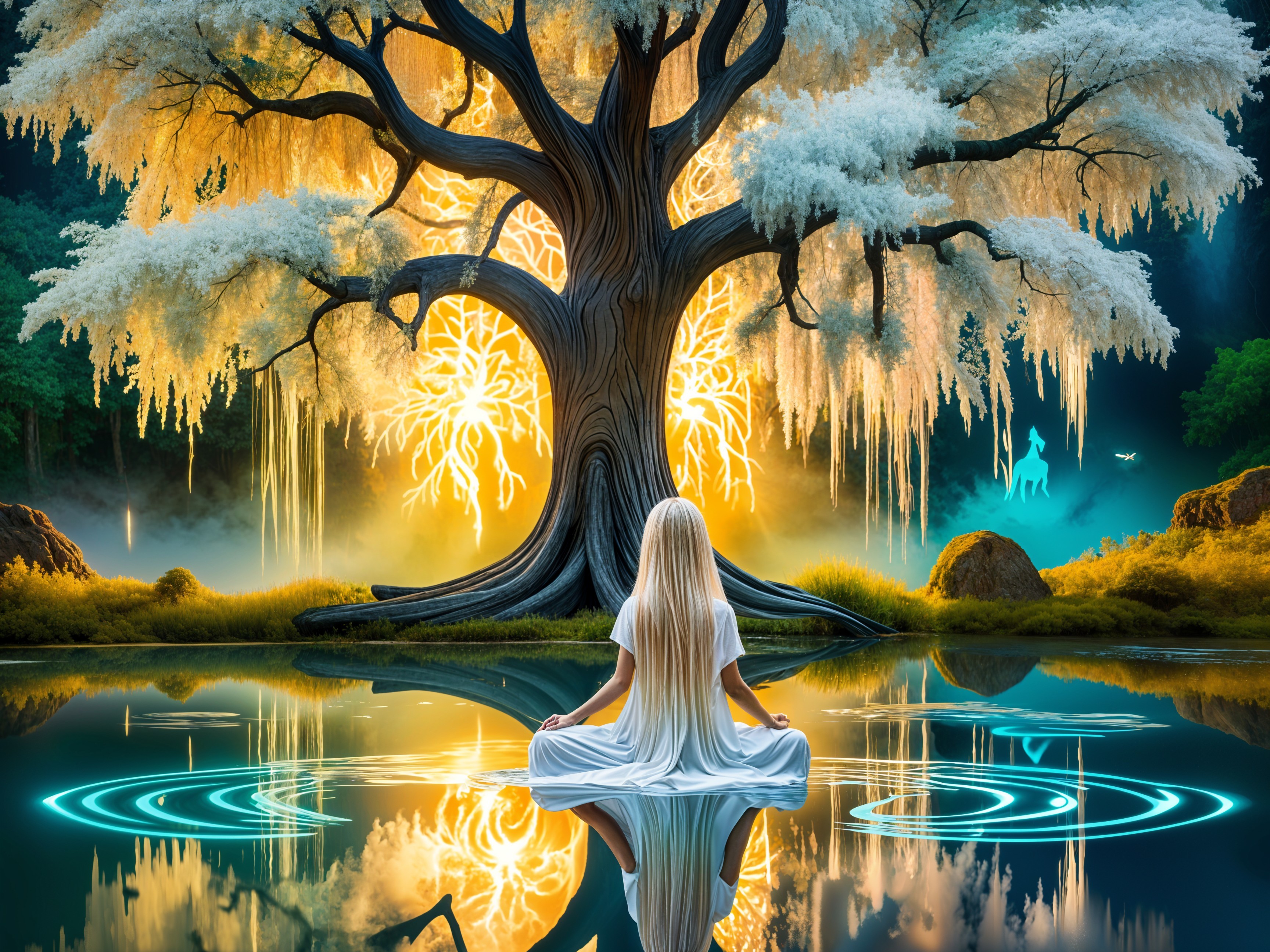 Mystical Tree and Serene Meditation by a Calm Lake