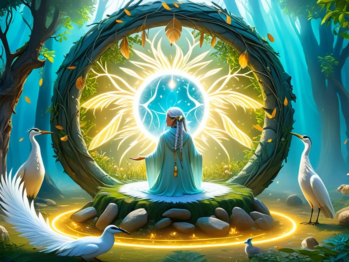 Mystical Figure in Glowing Portal in Serene Forest