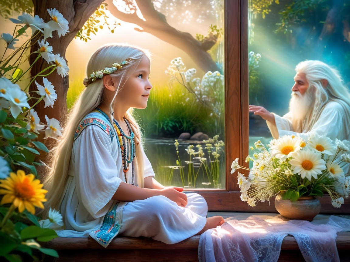 Young girl by window with elderly figure reflection