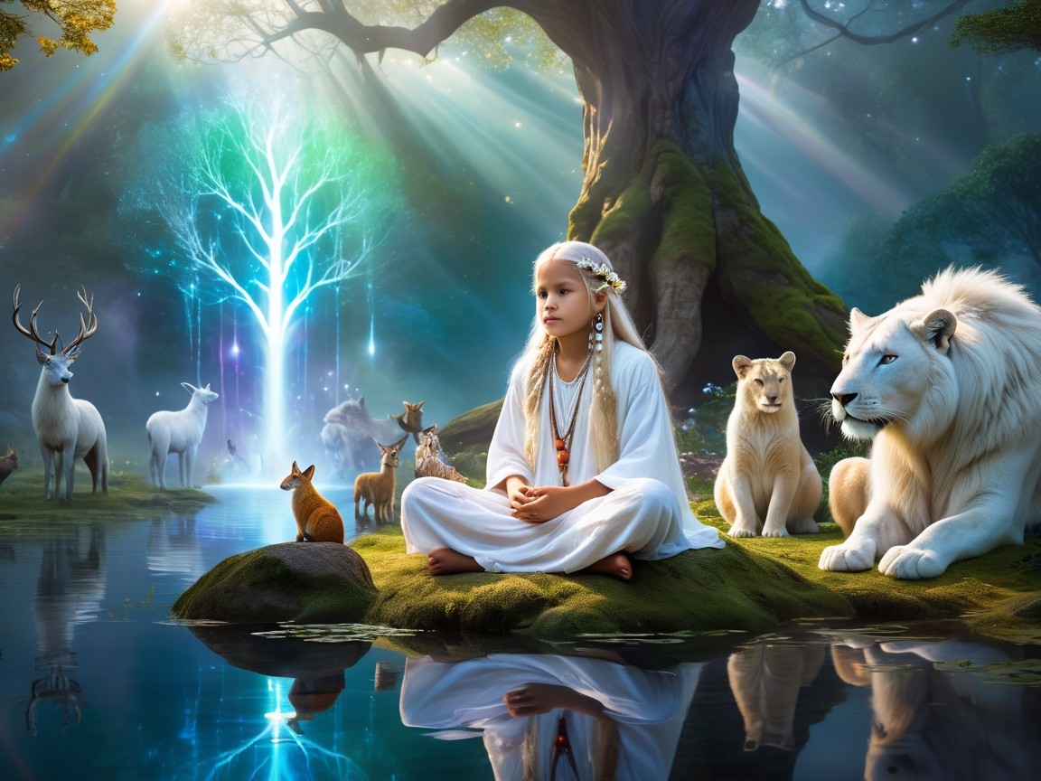 Young girl in white by shimmering pond in forest