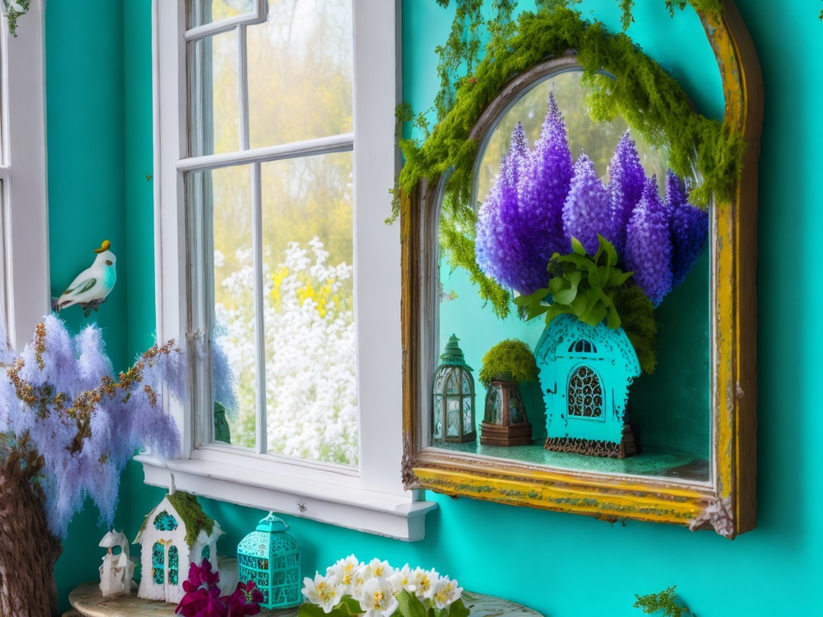 Turquoise Wall with Mirror and Garden Scene Elements