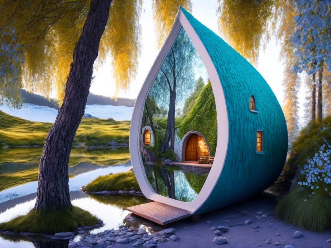 Teardrop-Shaped House by Serene Pond and Greenery