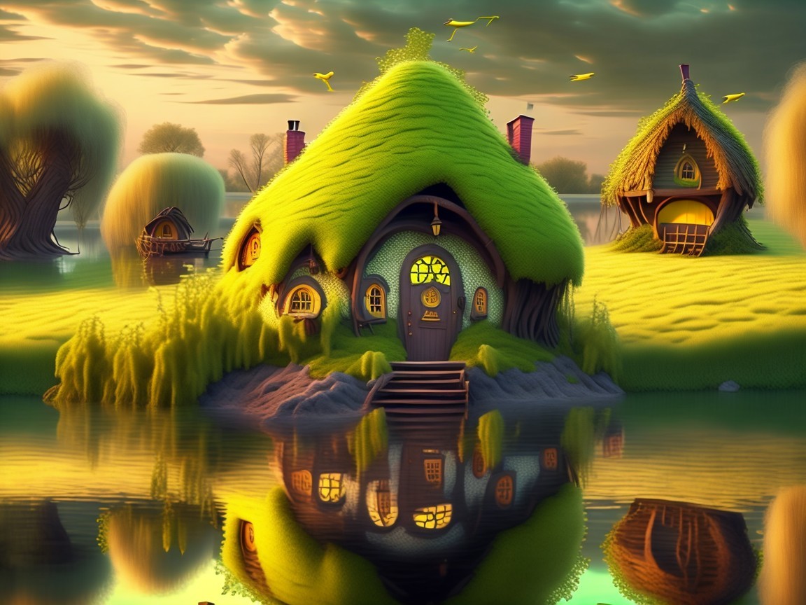 Charming Cottages Amidst Lush Greenery and Water