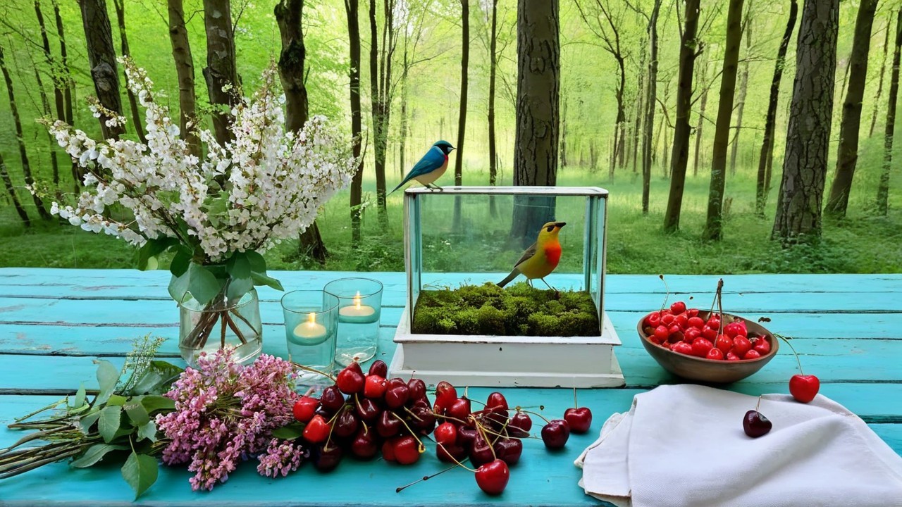 Serene Woodland Scene with Colorful Nature Elements
