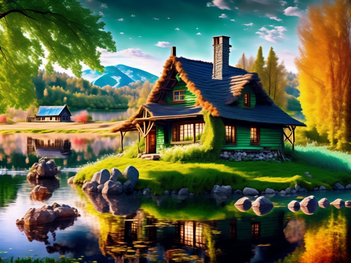 Rustic cottage by serene lake with autumn trees