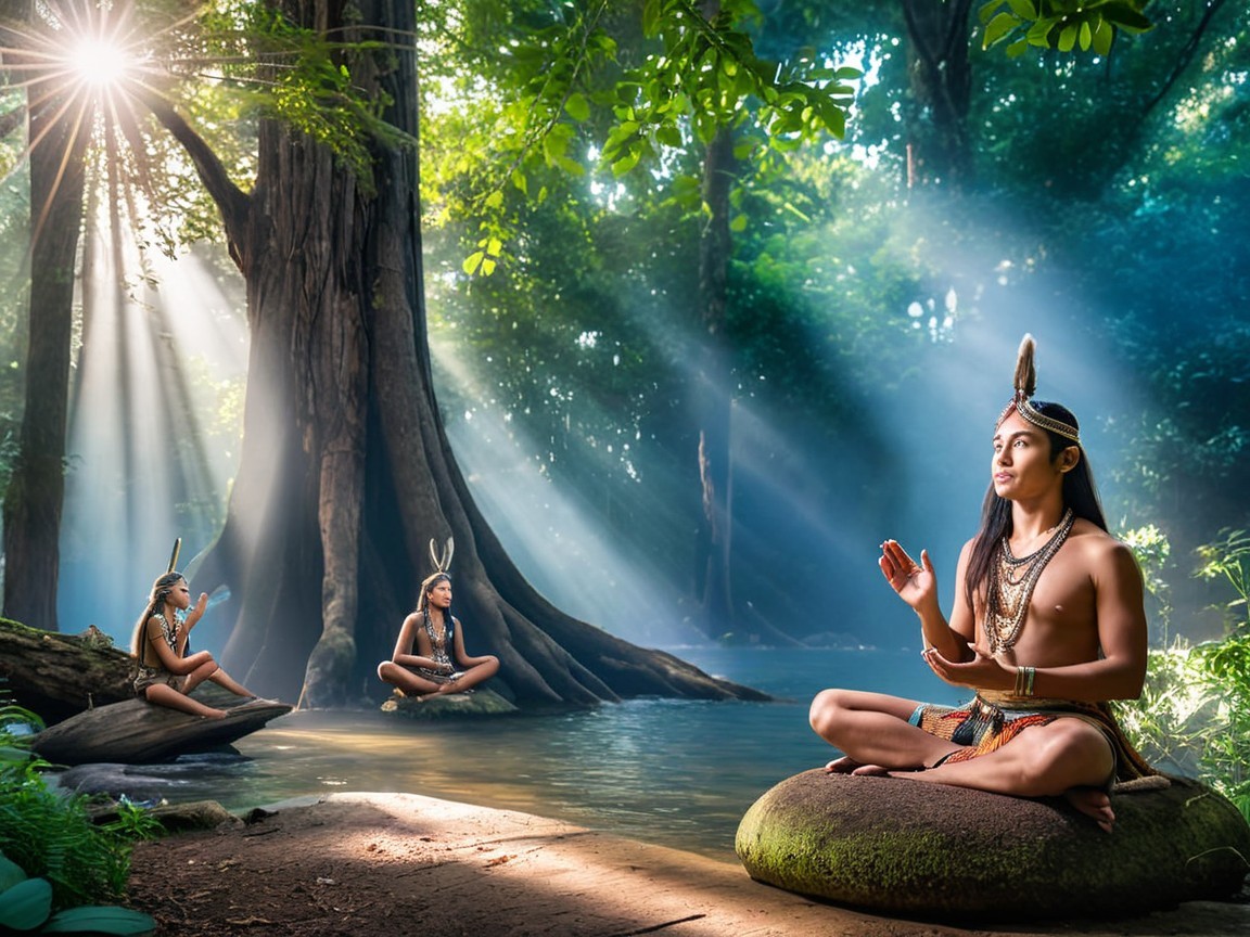 Meditation by a Tranquil River in a Forest Setting
