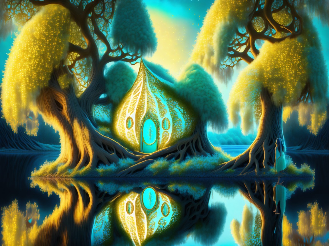 Whimsical Treehouse by Tranquil Waters and Trees
