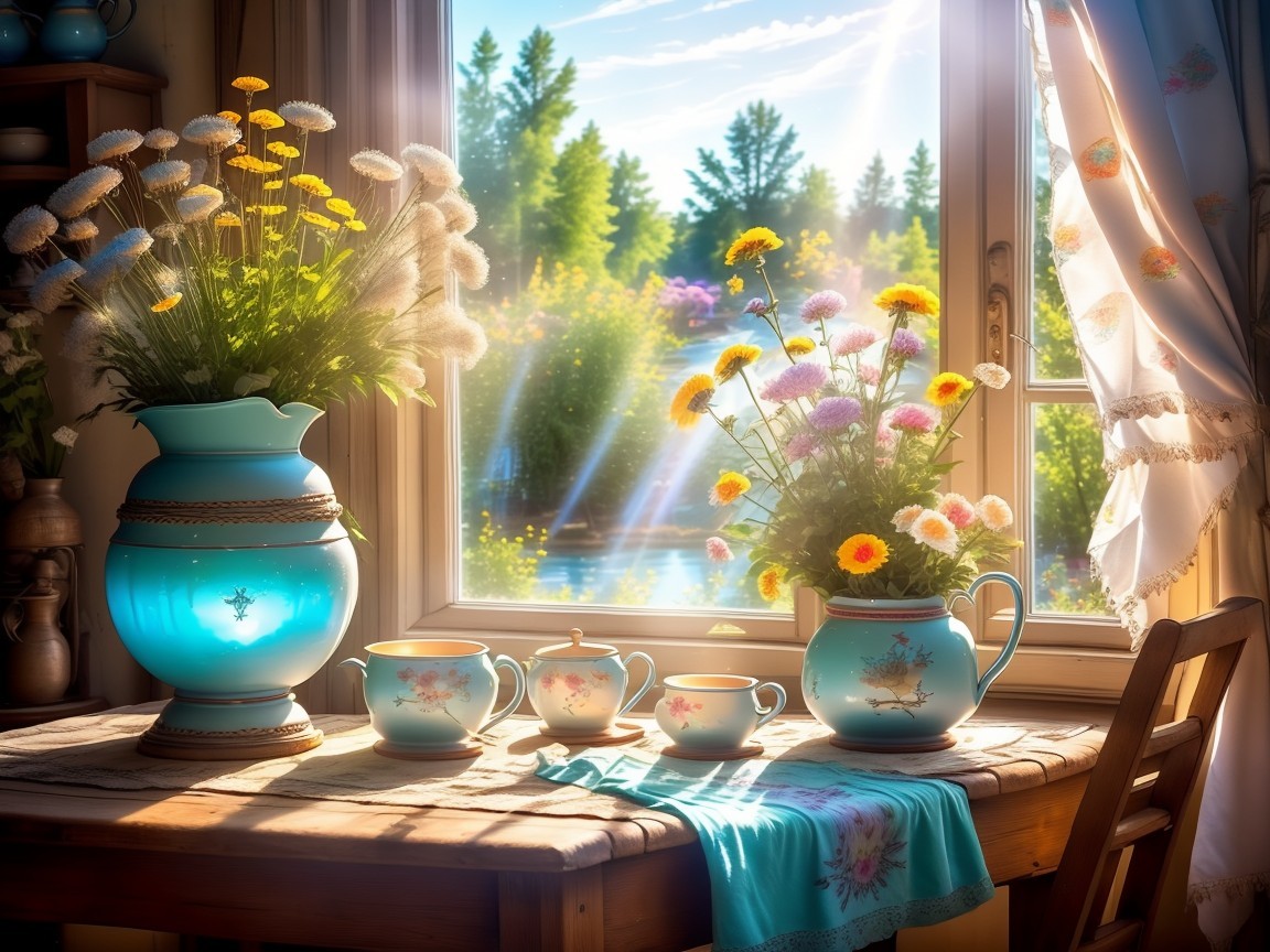 Sunlit Room with Wooden Table and Colorful Flowers