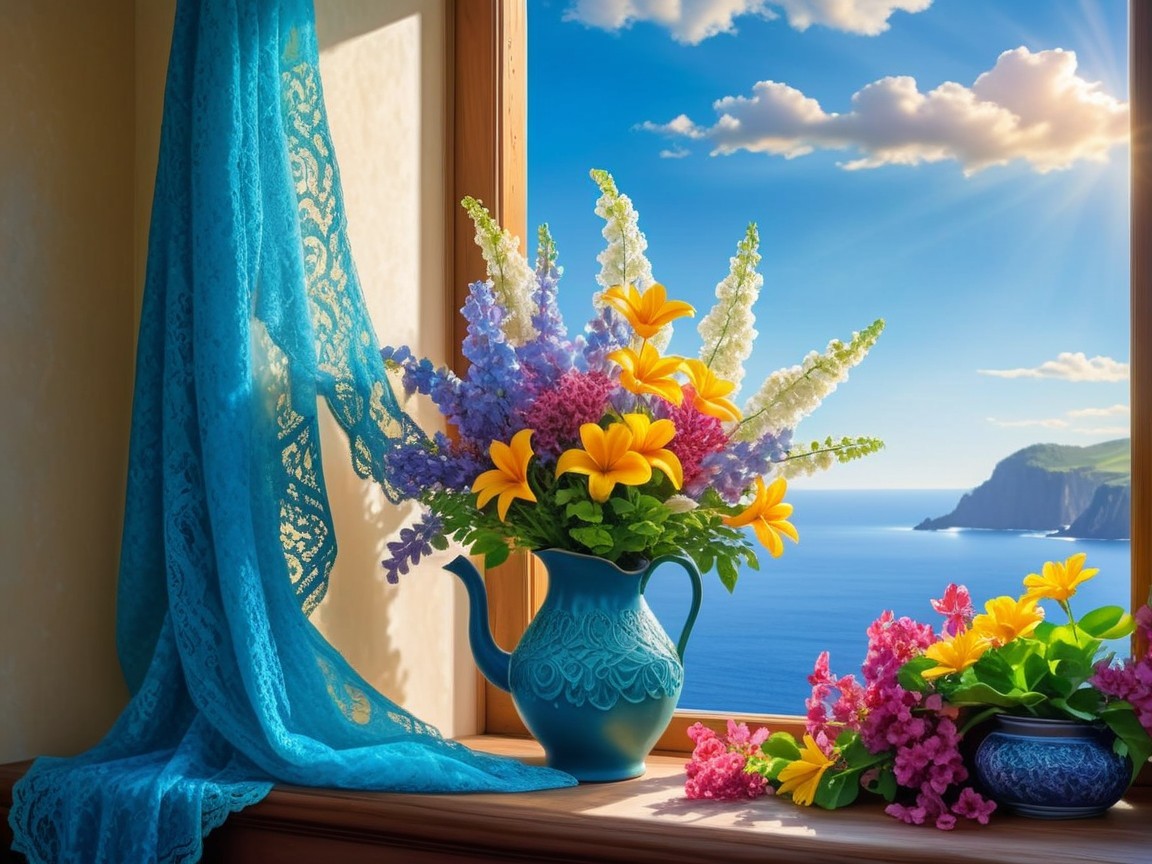 Colorful Flower Bouquet in Decorative Pitcher with Ocean View