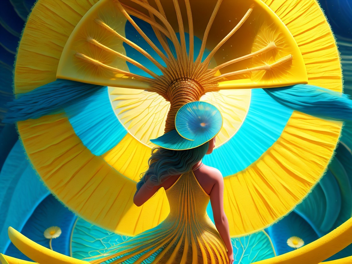 Surreal Scene of Figure in Yellow Dress with Patterns