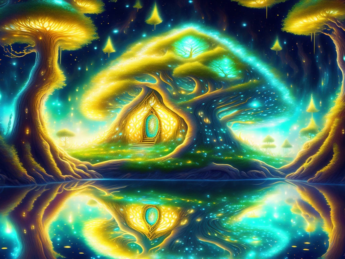 Magical Landscape with Glowing Trees and Enchanting House