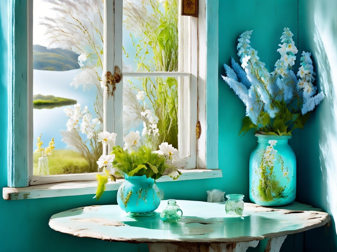 Bright Room with Turquoise Window and Lake View
