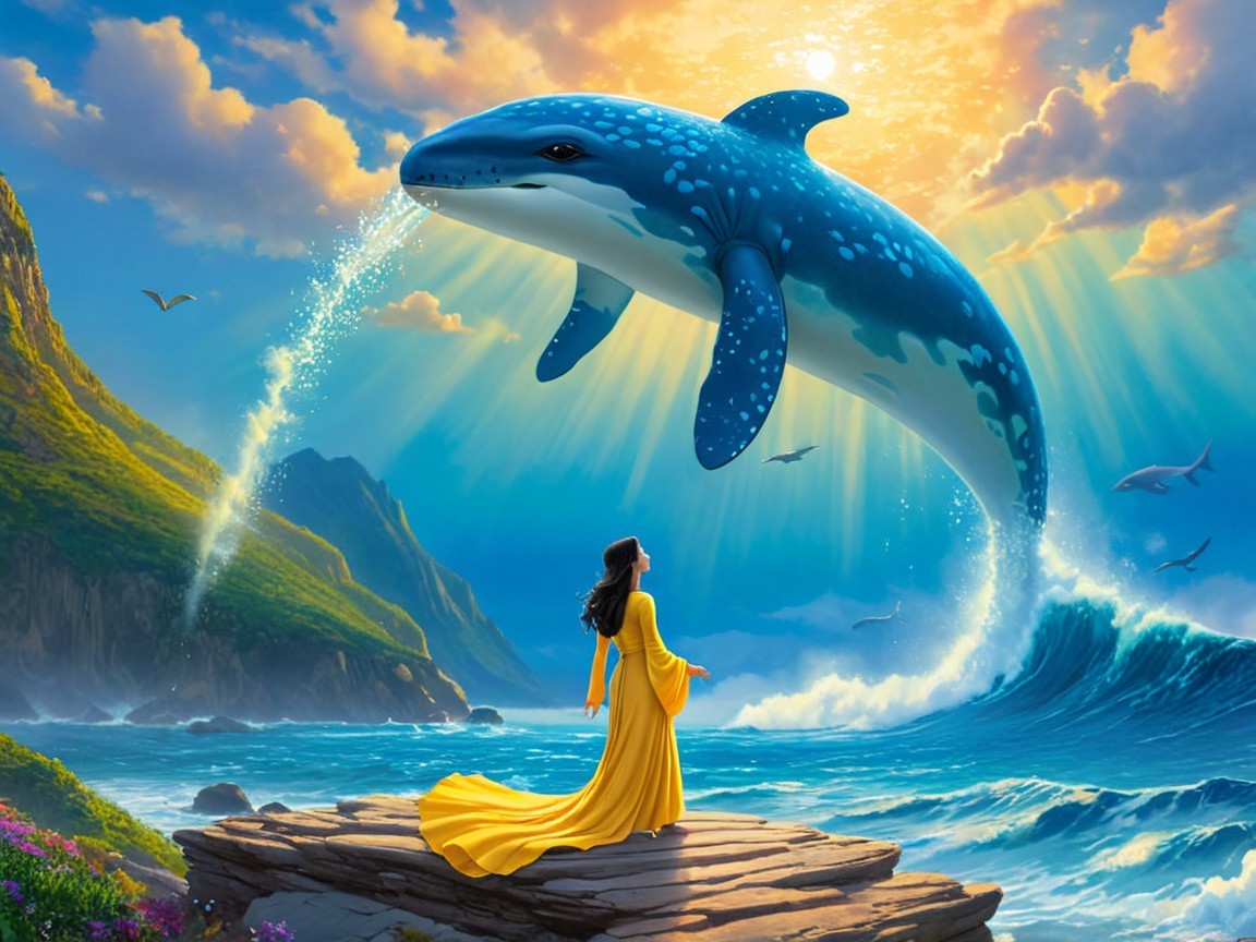 Woman in Yellow Gown on Rocky Shore with Whale