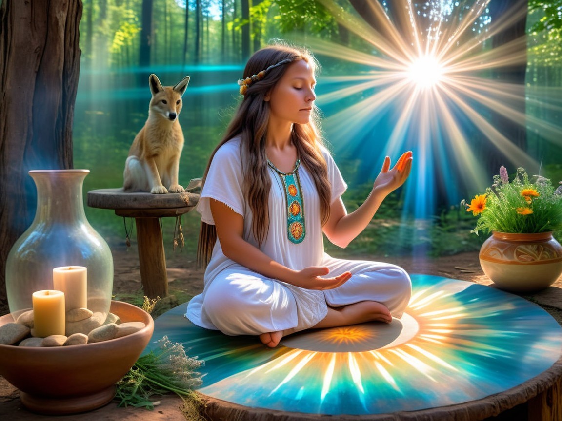Young girl meditating in a forest glade with fox