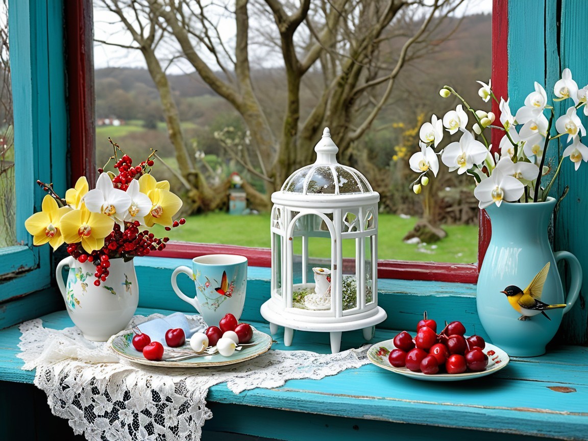 Charming Window Display with Flowers and Teacup