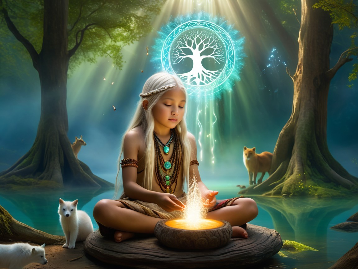 Young girl tending fire in a mystical forest setting