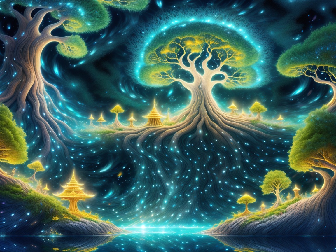 Surreal Landscape with Luminous Trees and Pagodas