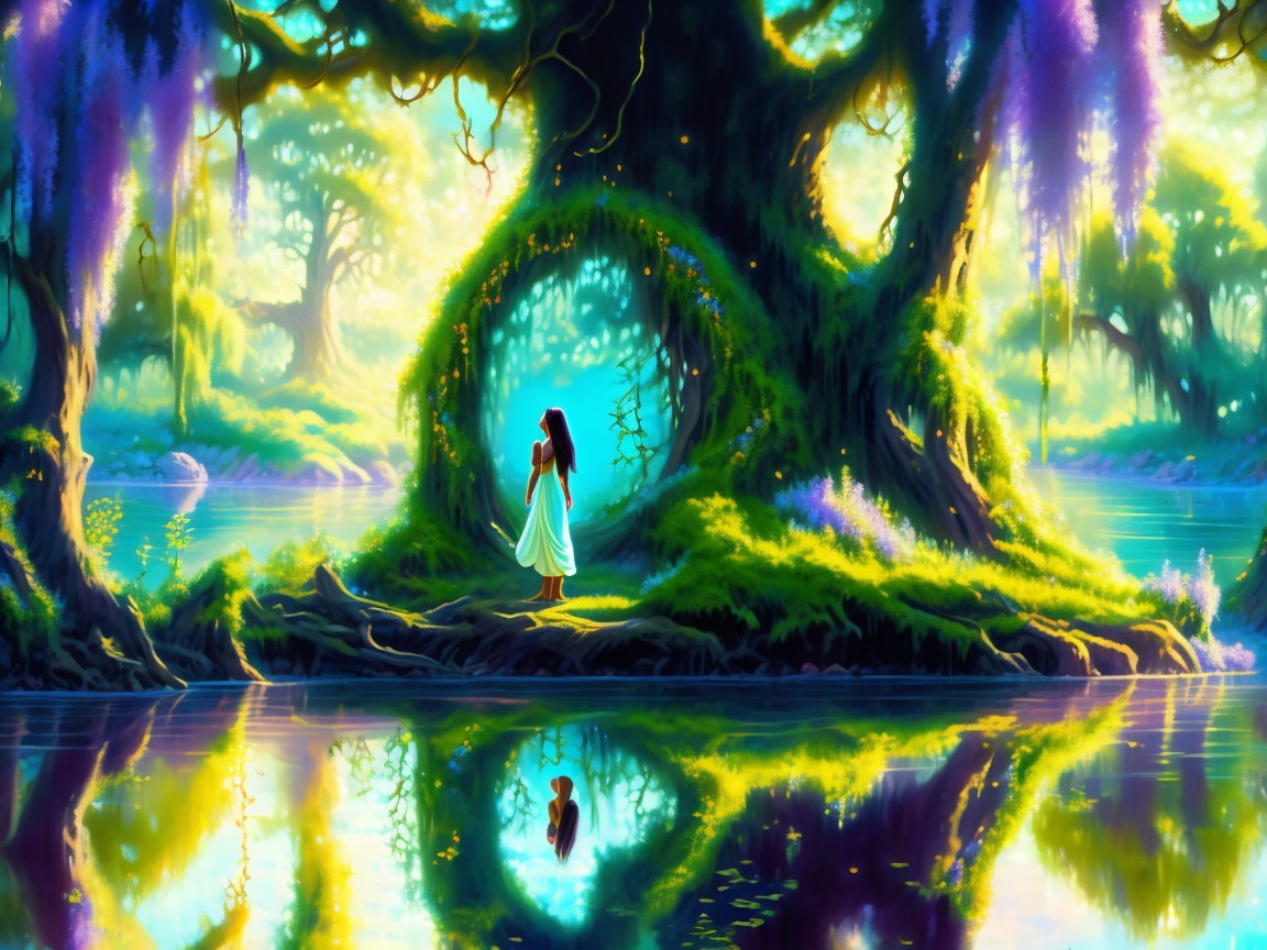 Magical Landscape with Majestic Tree and River